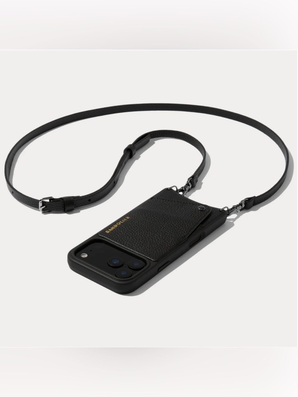 Bandolier Black Pebble Leather Crossbody Phone Wallet, Pewter hardware 13 ProMax
